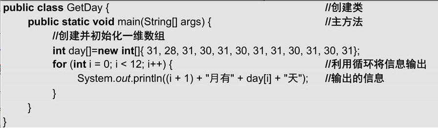 在项目中创建类GetDay,在主方法中创建int型数组,并实现将各月的天数输出。